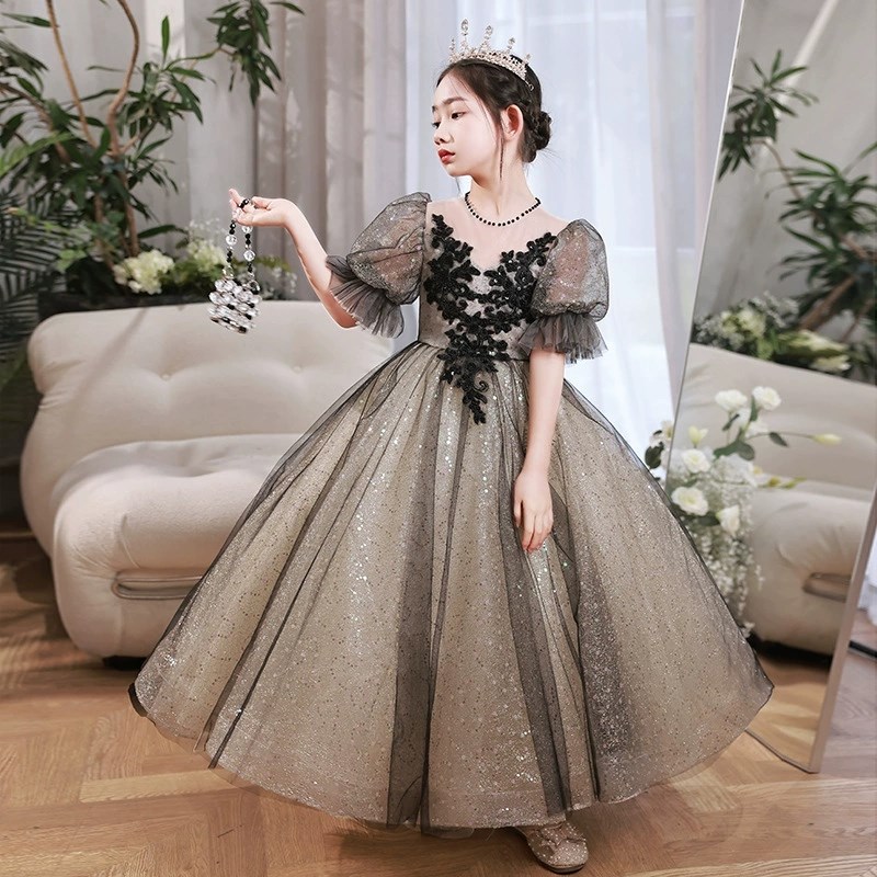 女大童高端黑色大码晚礼服生日公主裙主持人N钢琴演奏演出服连衣