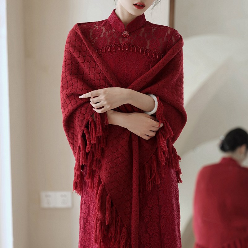 旗袍披肩妈妈外搭婚纱礼服红色斗篷敬F酒服新娘结婚针织三角巾披