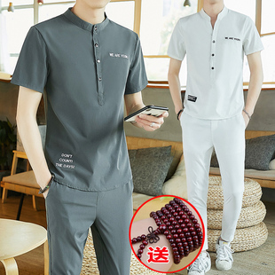 男2020夏季 两件套潮流时尚 新款 T恤九分裤 搭配一套 短袖 中国风套装