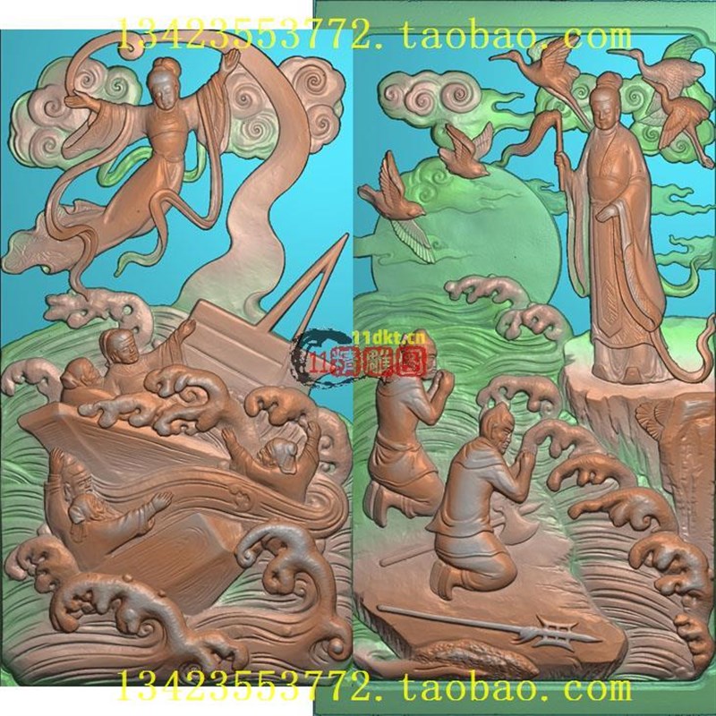 L妈祖救人扫描图妈祖出巡w精雕版古建筑横板浮雕图惠安石雕图