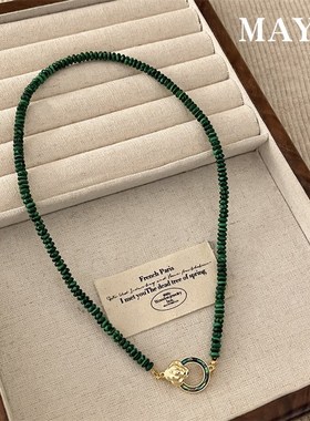 简约复古绿色串珠项链新款2024爆款轻奢小众颈链锁骨链配饰女秋冬