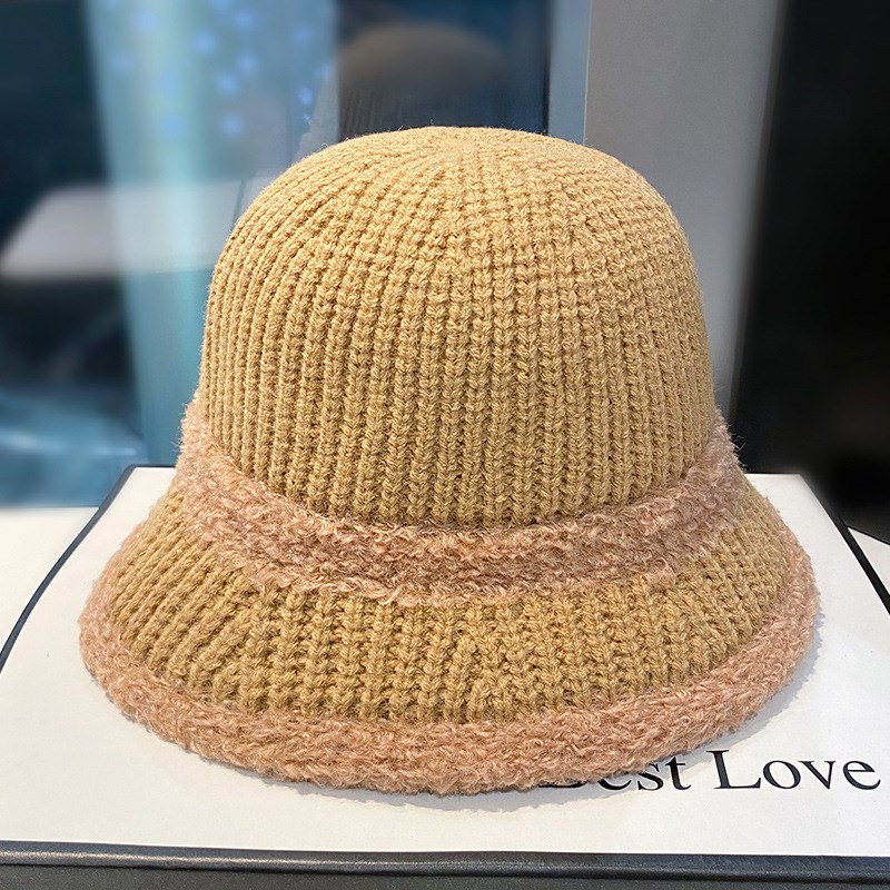 渔夫帽2022新款日系拼接毛绒盆帽盆帽女秋冬季保暖显脸小水桶帽子