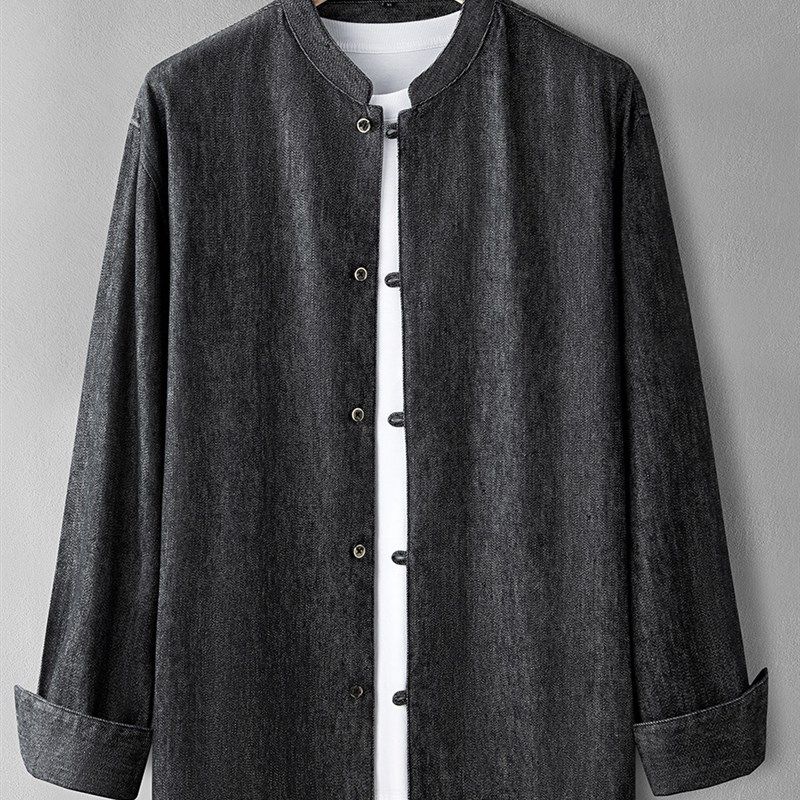 春季新款亚麻休闲外套男士宽松大码牛仔麻棉上衣立领长袖衬衫夹克