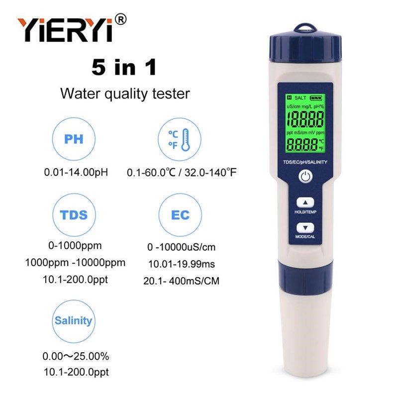新品yieryi 5 in 1 TDS/EC/PH/Syalinity/Temperature Meter Digi