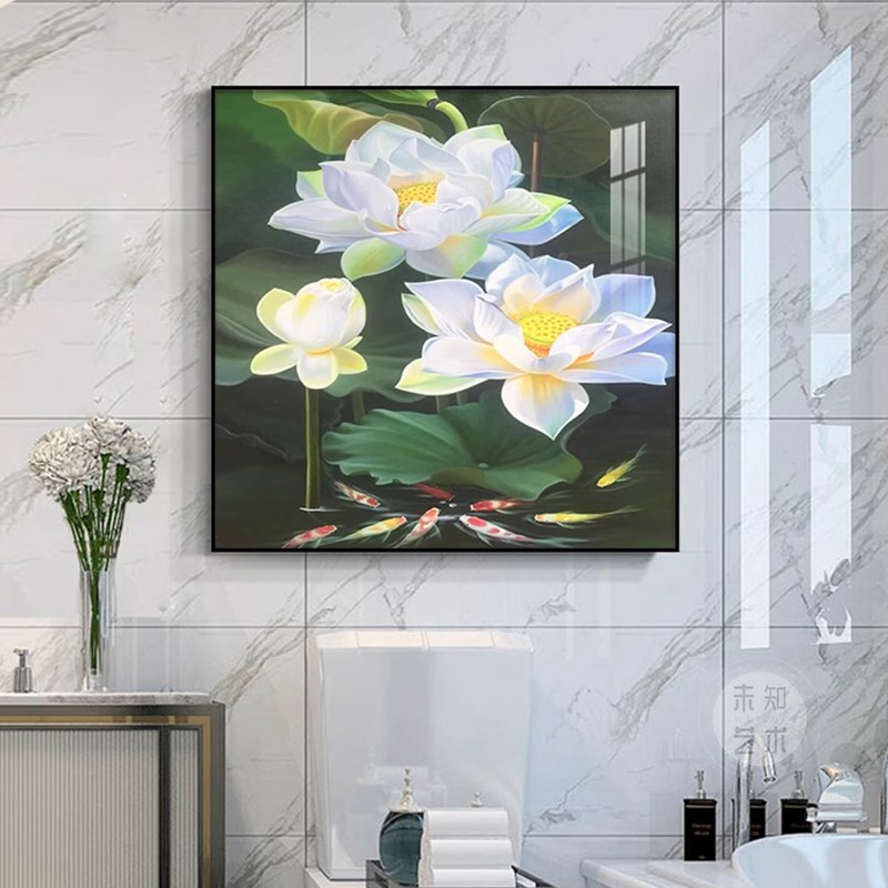 极速荷花鲤鱼图卫生间装饰画防水免打孔H浴室洗手间壁画新中式莲图片