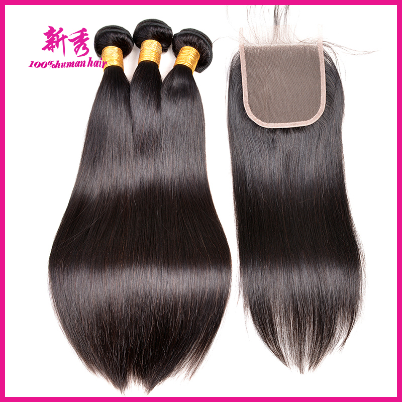速发3 Bundles Brazilian human virgin straight hair with clos