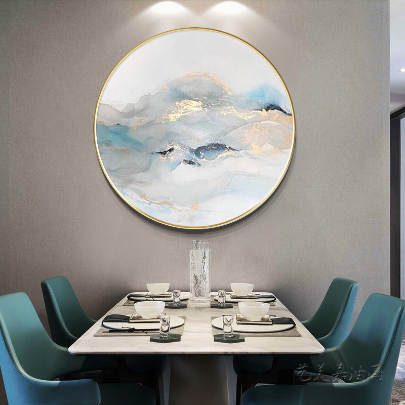 极速手绘油画圆形玄关抽象挂画北欧餐厅装饰M海浪风景金色轻奢壁图片