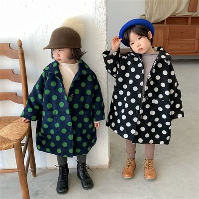 极速冬款儿童中长波点呢大衣儿童男女童加绒M加厚圆点毛呢子风衣