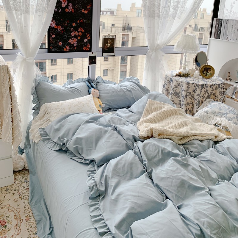 极速韩版ins少h女心纯白色四件套精梳棉公主风1.5/1.8床上用品裸