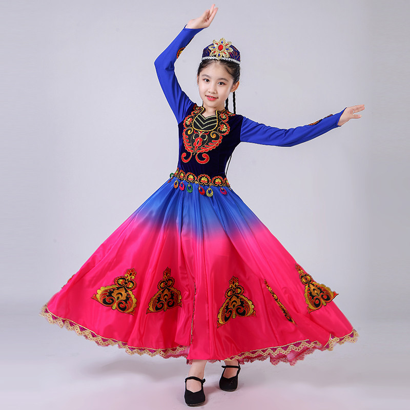 新品新疆舞d蹈演出服儿童维吾尔族女童小小古丽舞蹈服飘逸大摆裙图片
