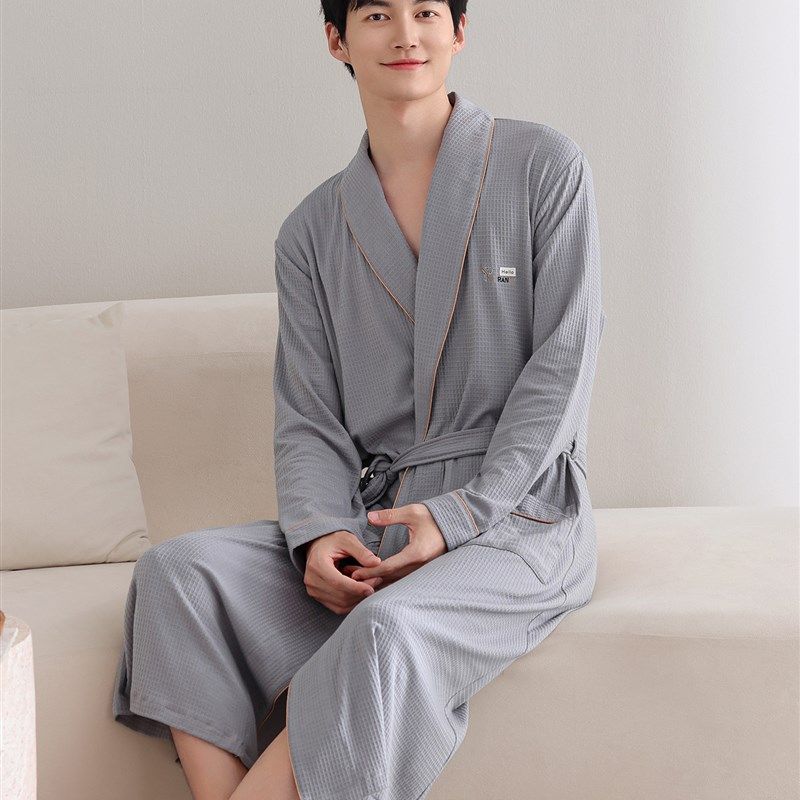 新品睡袍男士春秋款纯棉长袖男款秋季浴袍睡衣大码秋冬Z一体式长