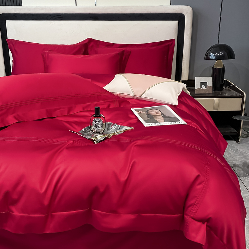 极速轻奢简约婚庆四件组纯棉大红A色牀单被套全棉结婚牀上用品婚