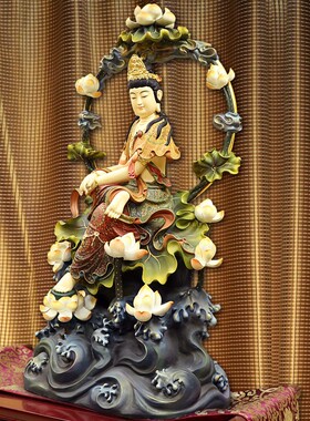 极速台湾1.08米纯铜彩绘自在观音佛像供奉家用R水月观音像观世音