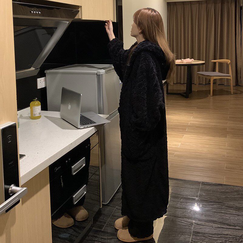 新品大码加厚珊瑚绒睡p衣冬季女款睡袍海岛绒2025新款冬天黑色长