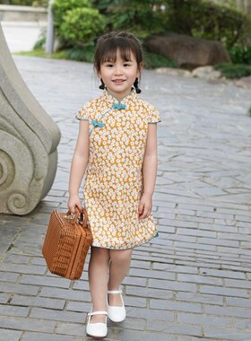 黄色雏菊 全棉女童旗袍夏季新款 礼服裙唐装 中式礼物