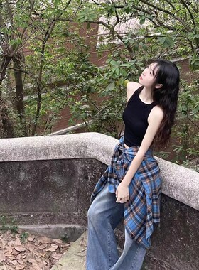 美式辣妹黑色挂脖式吊带背心一体式高级感固定杯无袖上衣打底内衣