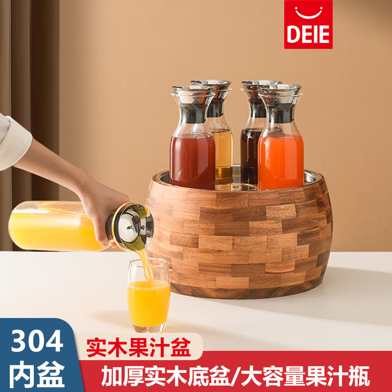 酒店餐厅自助餐饮品容器不锈钢冰桶玻璃壶实木果汁盆饮料桶304图片