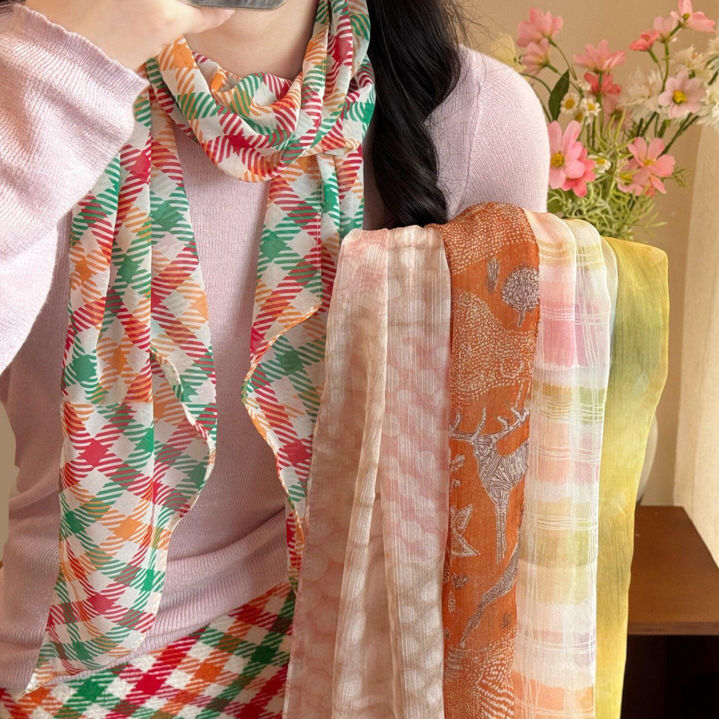 春日限定彩格长条薄款飘带丝巾