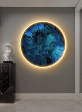圆形玄关装饰画led灯画蓝色高级感走廊尽头壁画现代轻奢客厅挂画