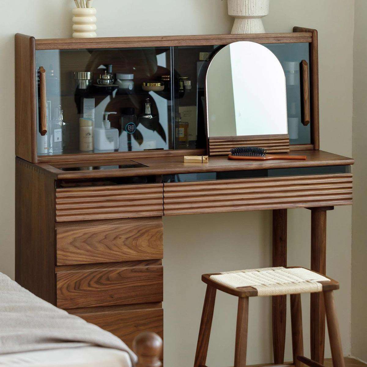 闵联北美黑胡桃全实木斗柜梳妆台简约樱桃木小户型一体多功能化妆