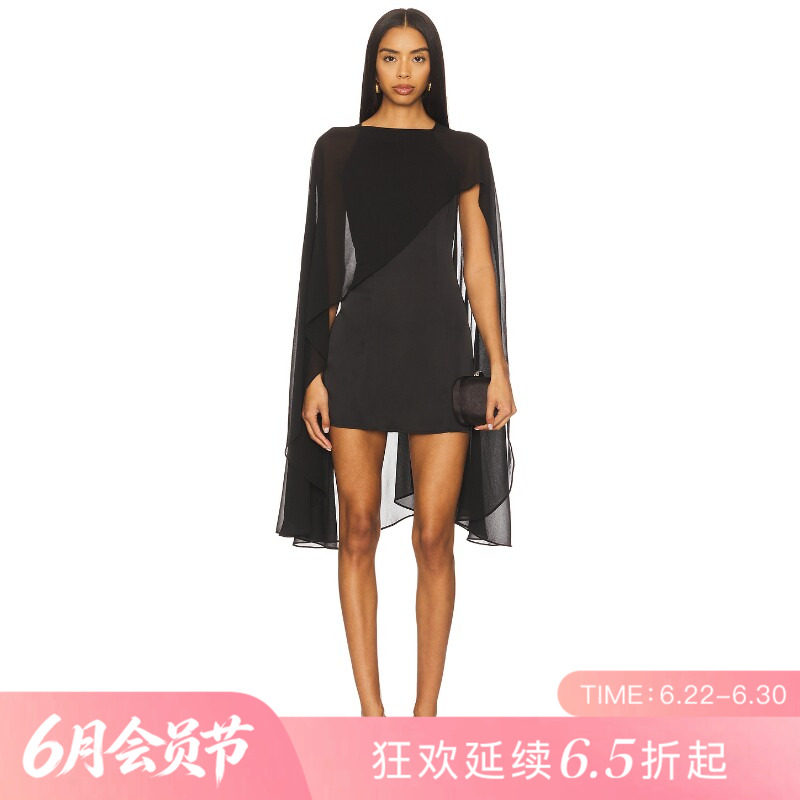 [夏季新品]REVOLVE黑色百搭显瘦礼服短款斗篷雪纺连衣裙