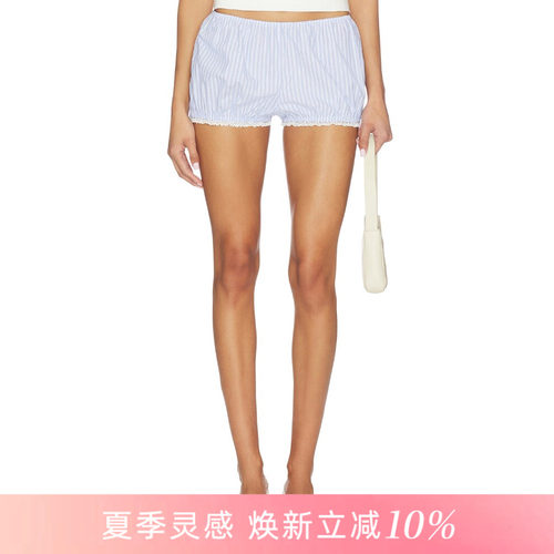 [夏季新品]REVOLVE浅蓝白条纹短裤松紧腰头棉质简约风短裤