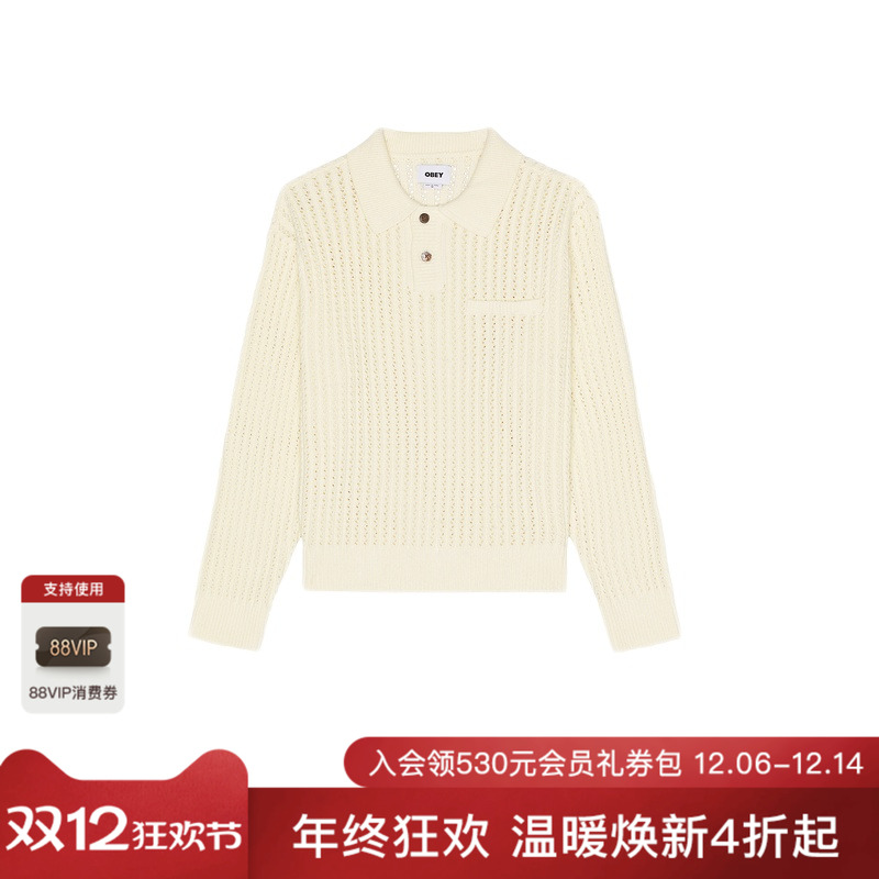 [冬季新品]Obey DUANE男装针织翻领毛衣奶油色休闲潮牌REVOLVE