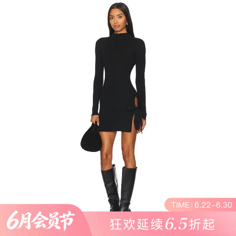 [夏季新品]REVOLVE黑色半高领侧开衩辣妹修身长袖迷你裙