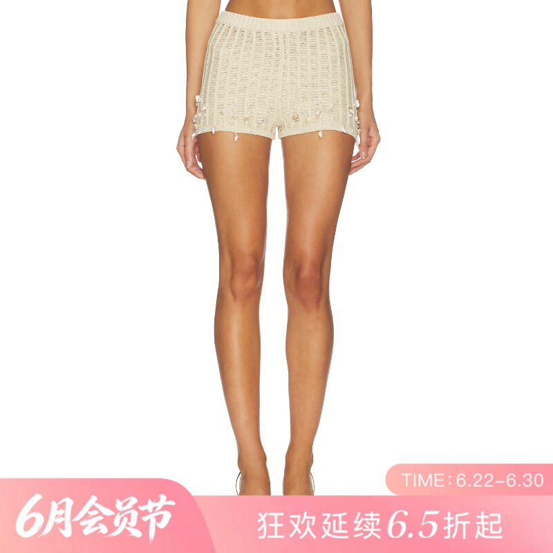 [夏季新品]REVOLVE米色显瘦收腰直筒高腰修身短裤镂空度假短裤