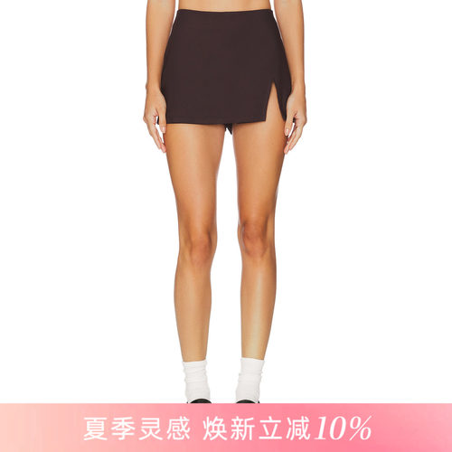 [夏季新品]REVOLVE简约尚约棕色休闲裤修身开叉通勤短款裤装