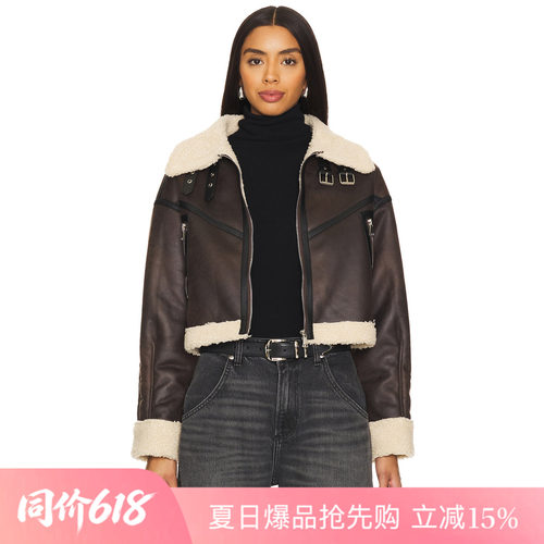 [夏季新品]REVOLVE简约棕色皮草翻领金属扣拉链皮革酷飒上装