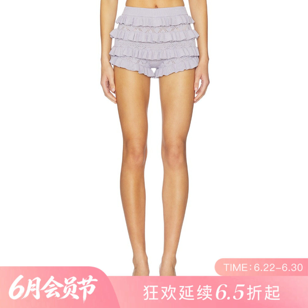 [夏季新品]REVOLVE浅紫收腰直筒高腰修身短裤荷叶边甜美短裤