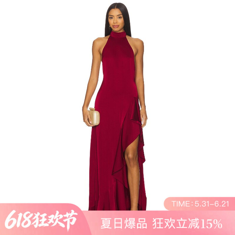[夏季新品]REVOLVE酒红色百搭显瘦礼服短款挂脖丝绒吊带裙
