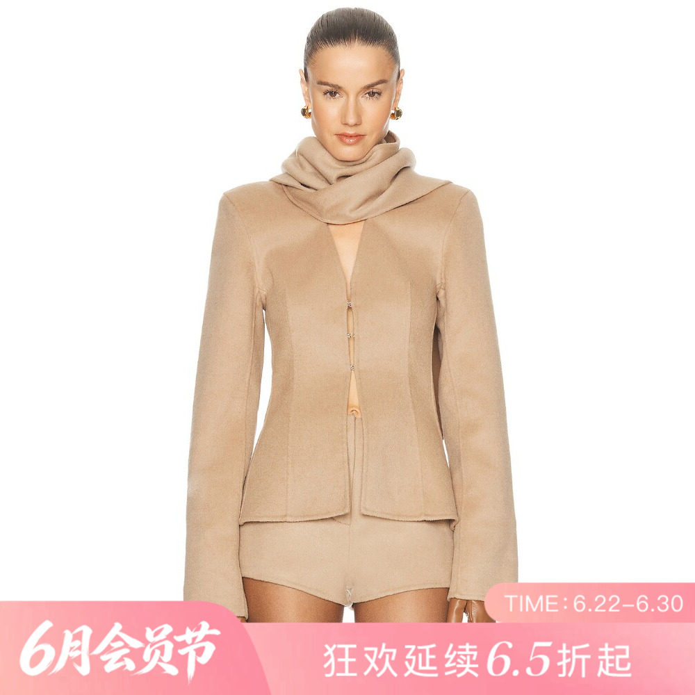 [夏季新品]REVOLVE米色极简收腰短款修身外套堆堆领极简夹克