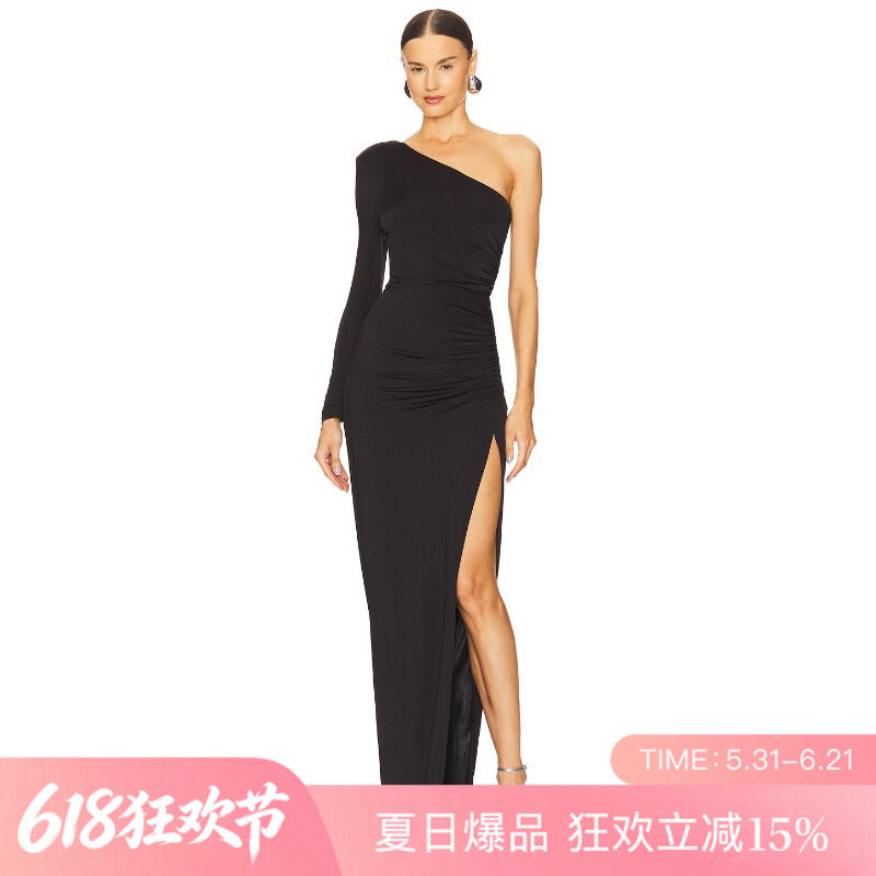 [夏季新品]REVOLVE黑色褶皱百搭显瘦短款单肩优雅连衣裙
