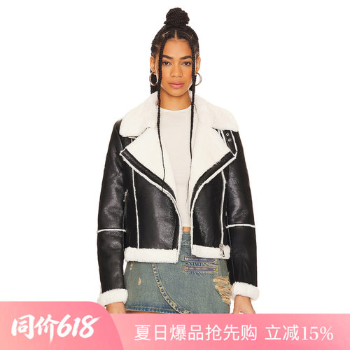 [夏季新品]REVOLVE简约色皮草翻领拉链皮革酷飒短款长袖上装