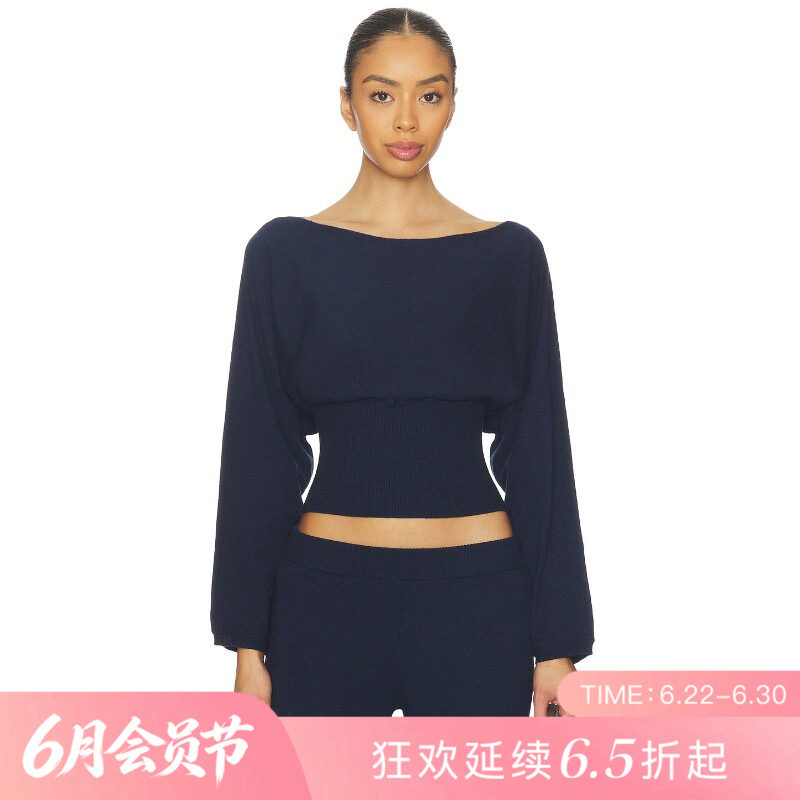 [夏季新品]REVOLVE藏青色毛衣一字领收腰通勤风短款上装