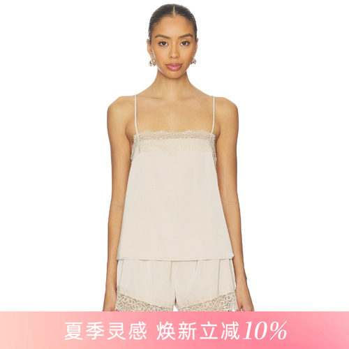 [夏季新品]REVOLVE米杏色背心细肩带领口蕾丝拼接简约风上衣