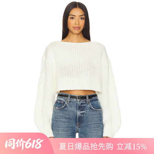[夏季新品]REVOLVE简约白色针织衫船型领短款长袖甜美上装