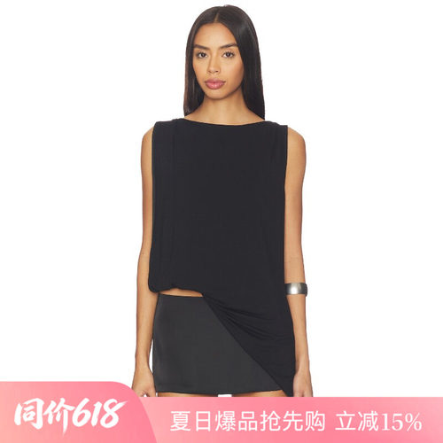 [夏季新品]REVOLVE黑色衬衫简约高腰修身不对称优雅无袖上装