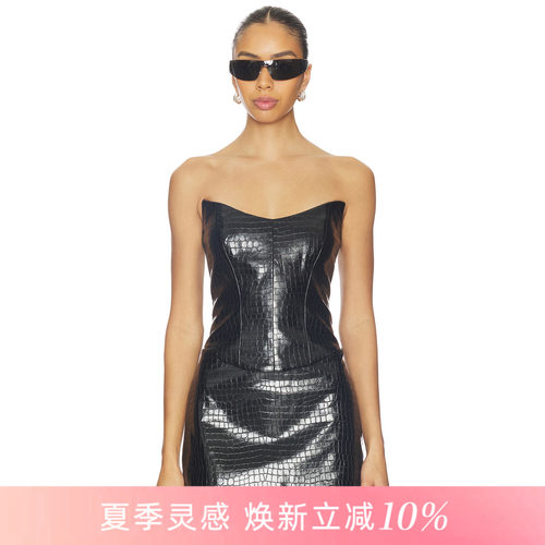 [夏季新品]REVOLVE黑色背心抹胸无肩带鳄鱼纹压花辣妹风上衣