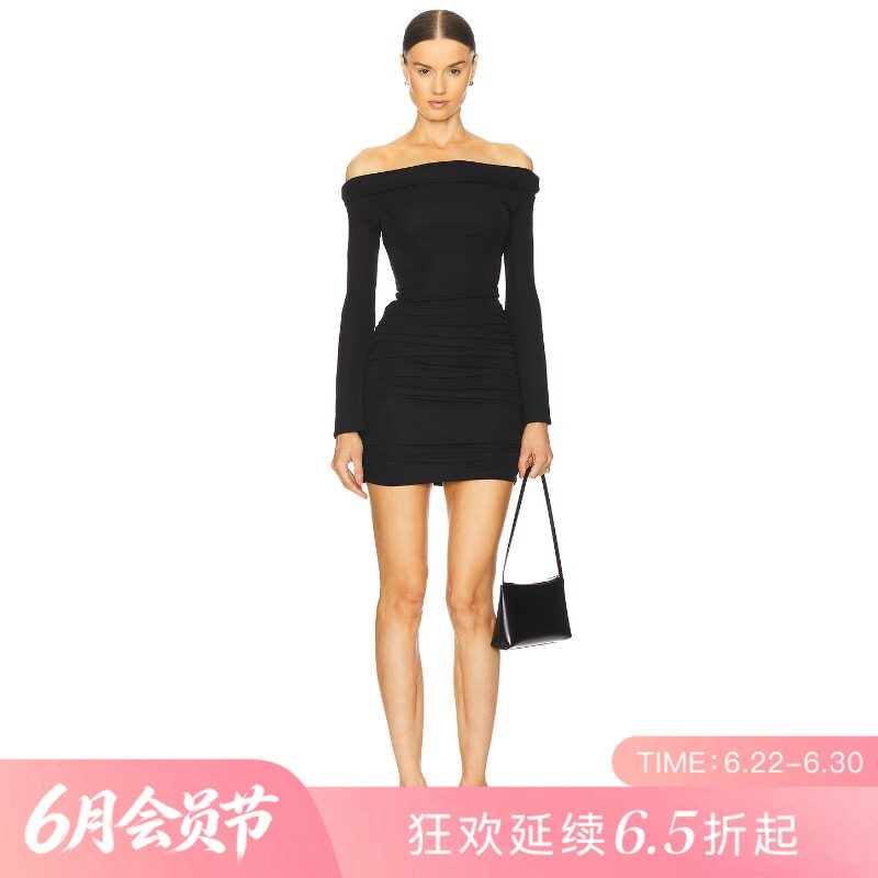 [夏季新品]REVOLVE黑色一字肩性感修身长袖迷你裙甜美