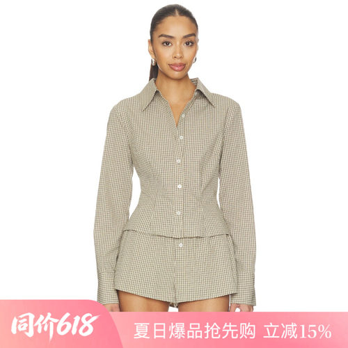[夏季新品]REVOLVE驼色T恤时尚简约格纹纽扣通勤修身长袖上装