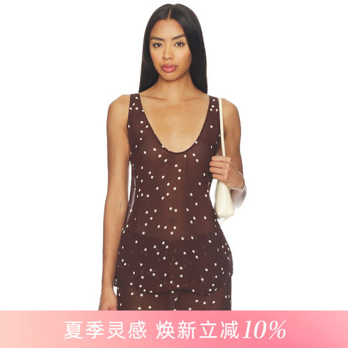 [夏季新品]REVOLVE深棕色背心U型低领波点印花雪纺简约风上衣