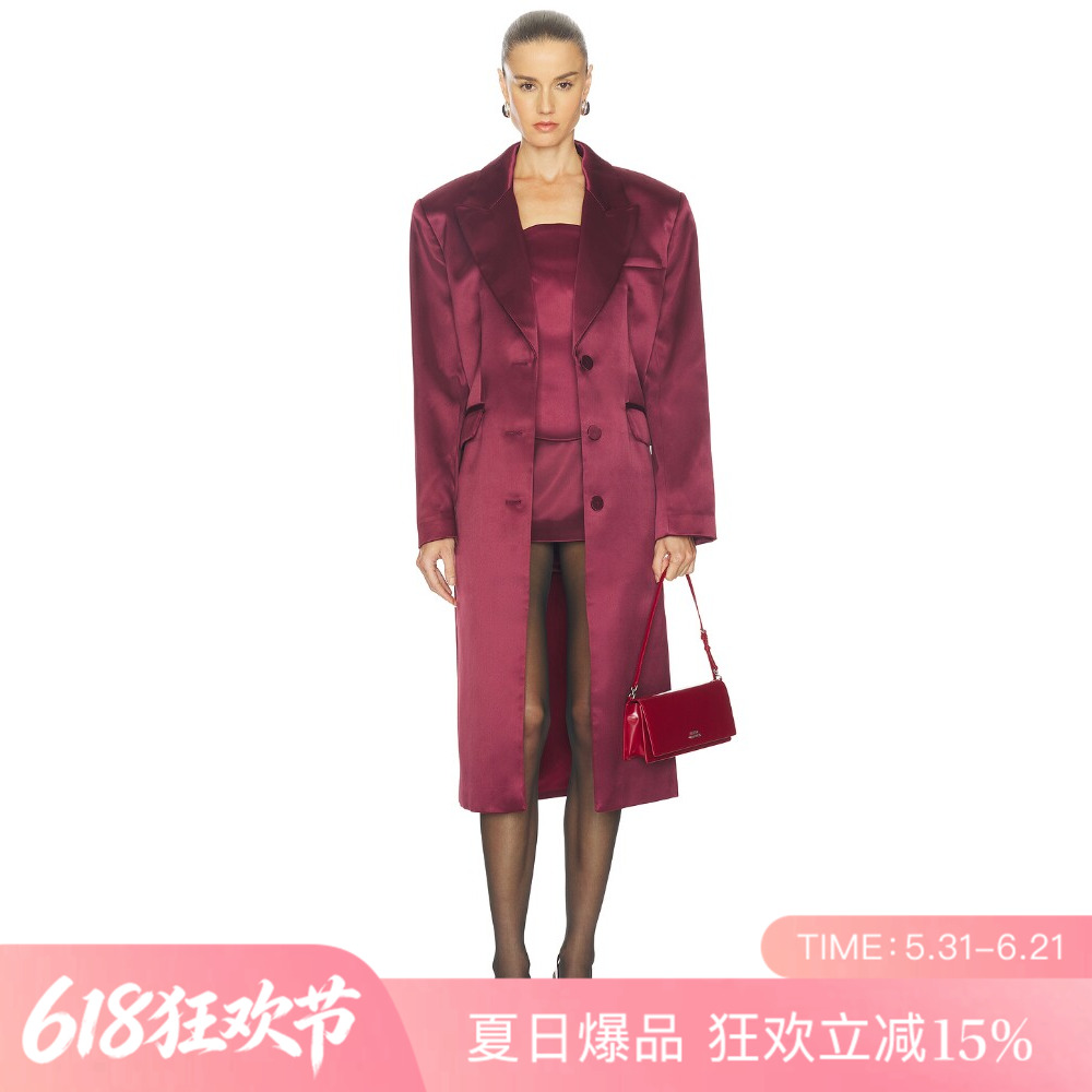 [夏季新品]REVOLVE酒红色显瘦轻奢收腰修身大衣缎面长款上装