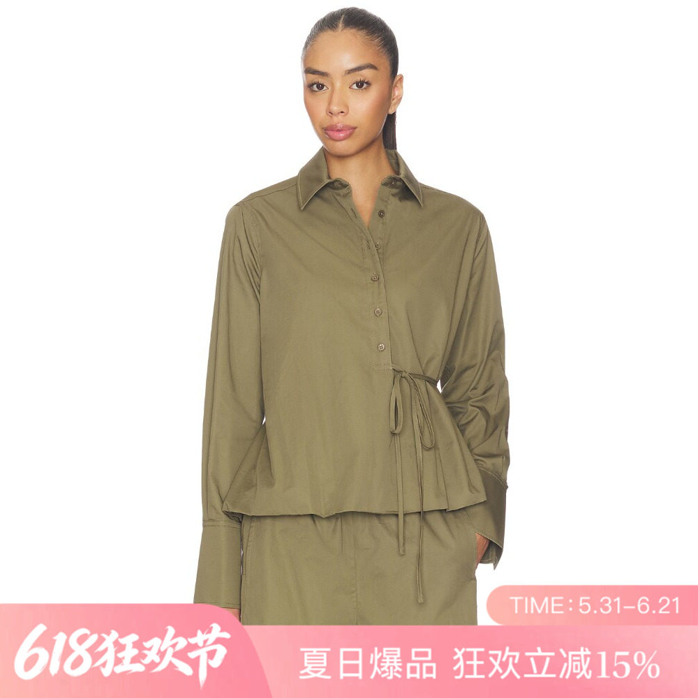 [夏季新品]REVOLVE卡其色无袖短款修身衬衫系带收腰极简上装