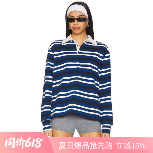 [夏季新品]REVOLVE蓝白T恤时尚简约修身条纹翻领纽扣复古上装