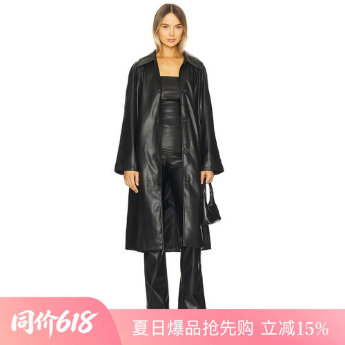 [夏季新品]REVOLVE黑色外套时尚简约修身纽扣皮革酷飒长款夹克