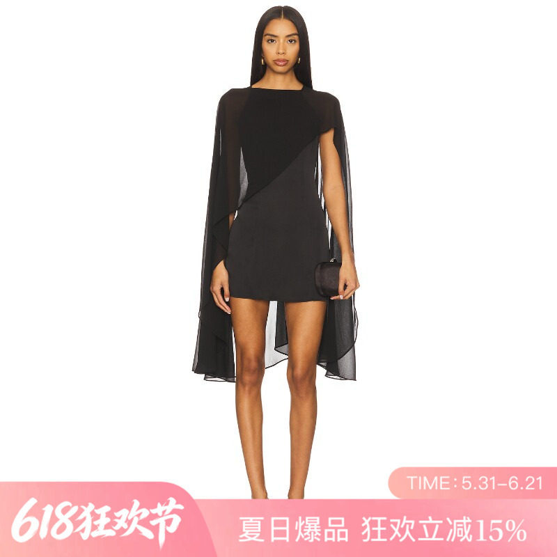 [夏季新品]REVOLVE黑色百搭显瘦礼服短款斗篷雪纺连衣裙