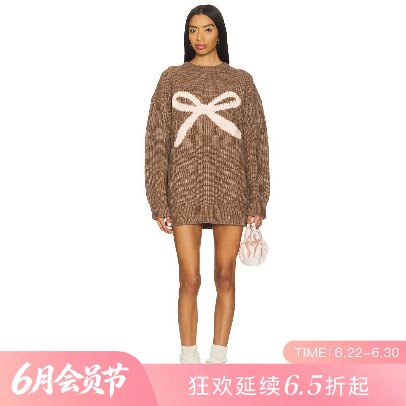[夏季新品]REVOLVE驼色蝴蝶结甜美宽松长袖迷你裙法式